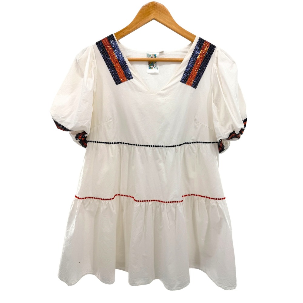 Queen of Sparkles White Sequin Jersey Mini Dress 005 Tiered Babydoll Cotton XS